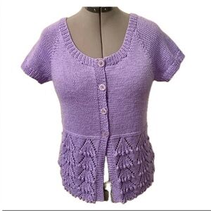 Handknit handmade Twee sweater, short sleeves, button up, lilac lavender